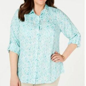 CHARTER CLUB Women Large Seahorse Print Linen Roll Tab Button Up Blouse Beach